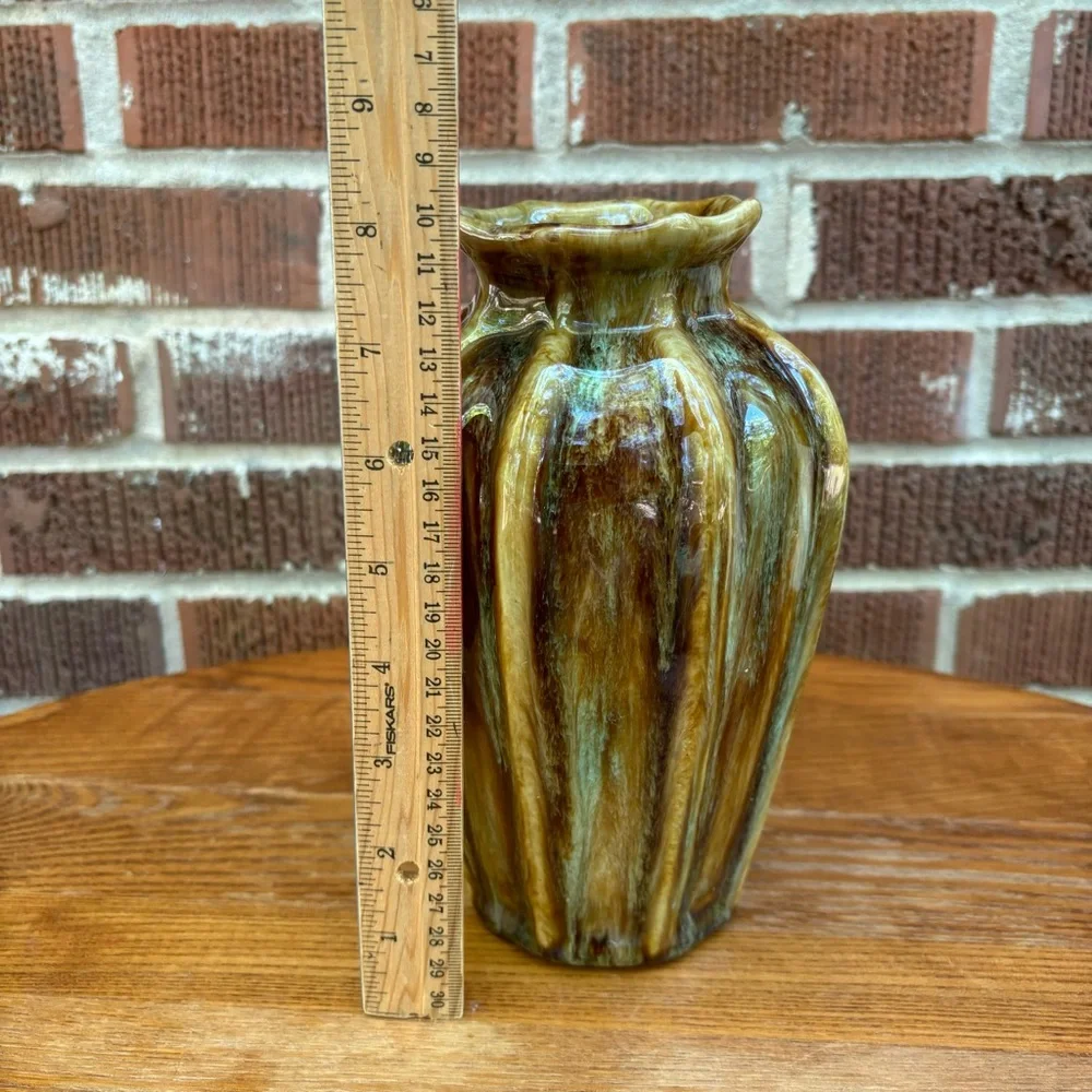 Pottery Drip glaze brown and gold ribbed ceramic decorative vase